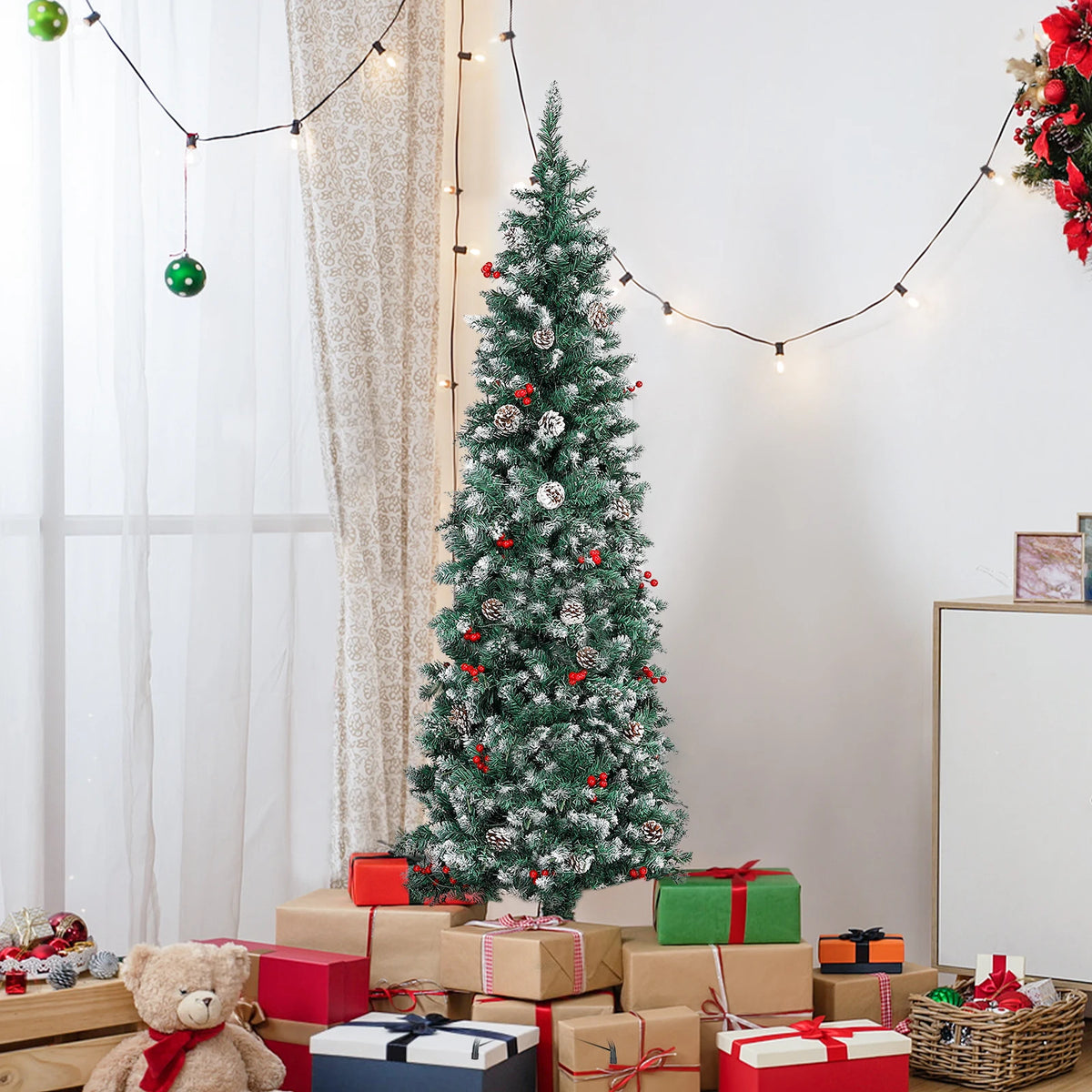 Decorative Pencil Christmas Tree Featuring LED Lights And Flocked Tips