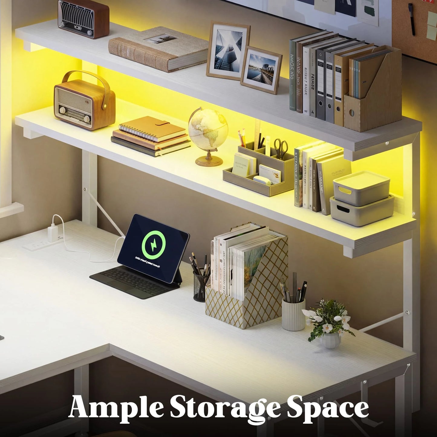 EnHomee L Shaped Office Desk With RGB LED Lights And Storage Shelf