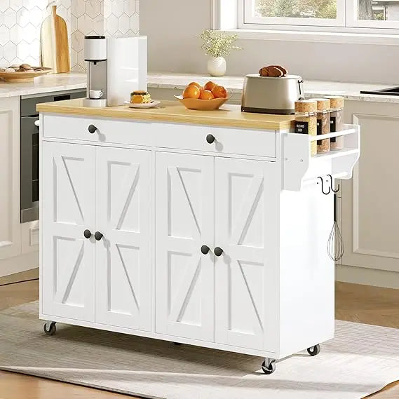 Kitchen Island with Power Outlet,43.3 Rolling Kitchen Island with Storage, Rolling Cart with Spice Rack and Hooks