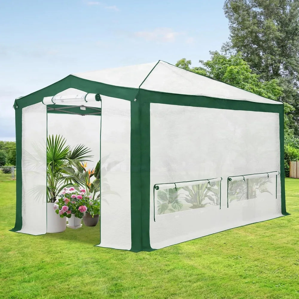 12x8 Portable Walk in Greenhouse with Polyester Reinforced Corners, Instant Pop up Indoor Outdoor Gardening Green