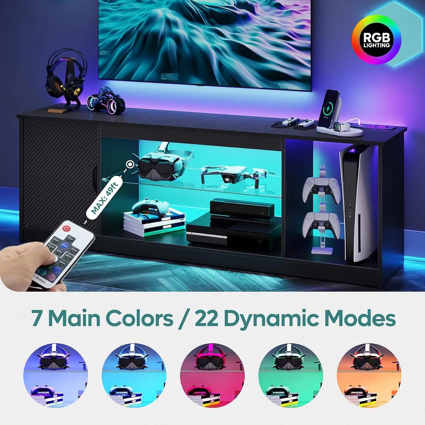 Gaming TV Stand With Power Outlets And Adjustable Glass Shelves