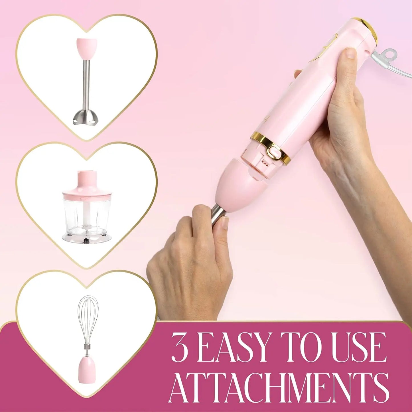 Hand Blender Set, 2-in-1 Immersion Blender with Whisk & Blending Shaft, 400W, Pink with Gold Accents