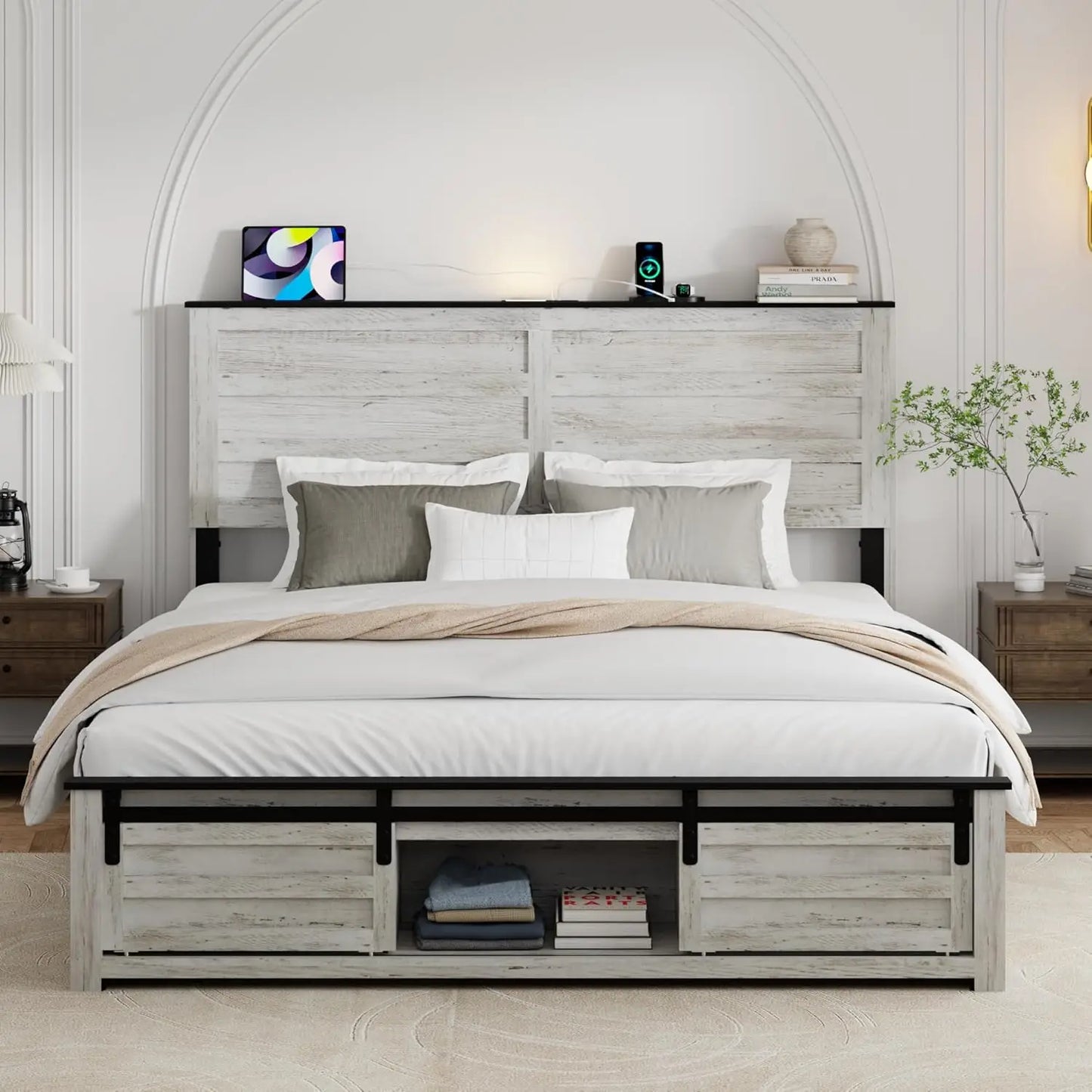 Bed Frame With Wooden Headboard And Sliding Barn Door Footboard