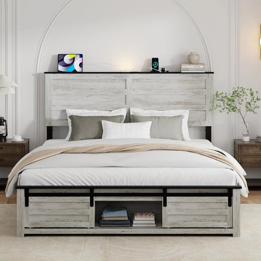 Bed Frame With Wooden Headboard And Sliding Barn Door Footboard