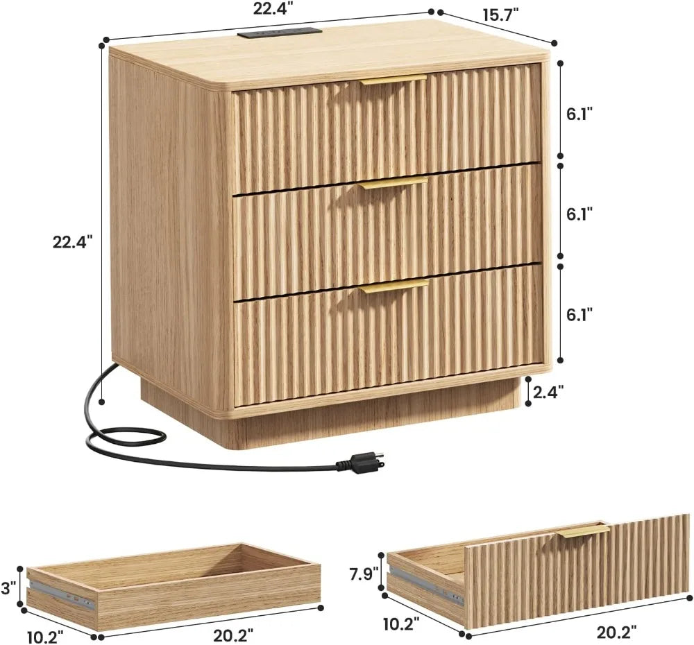 Fluted Nightstands Set Of 2 With Hidden Drawer Charging Station