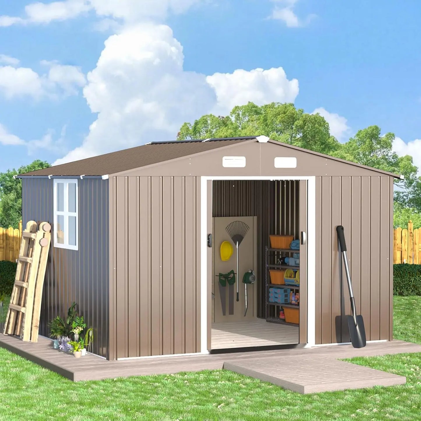 Waterproof Outdoor Galvanized Metal Storage Shed With Ventilated Sliding Door