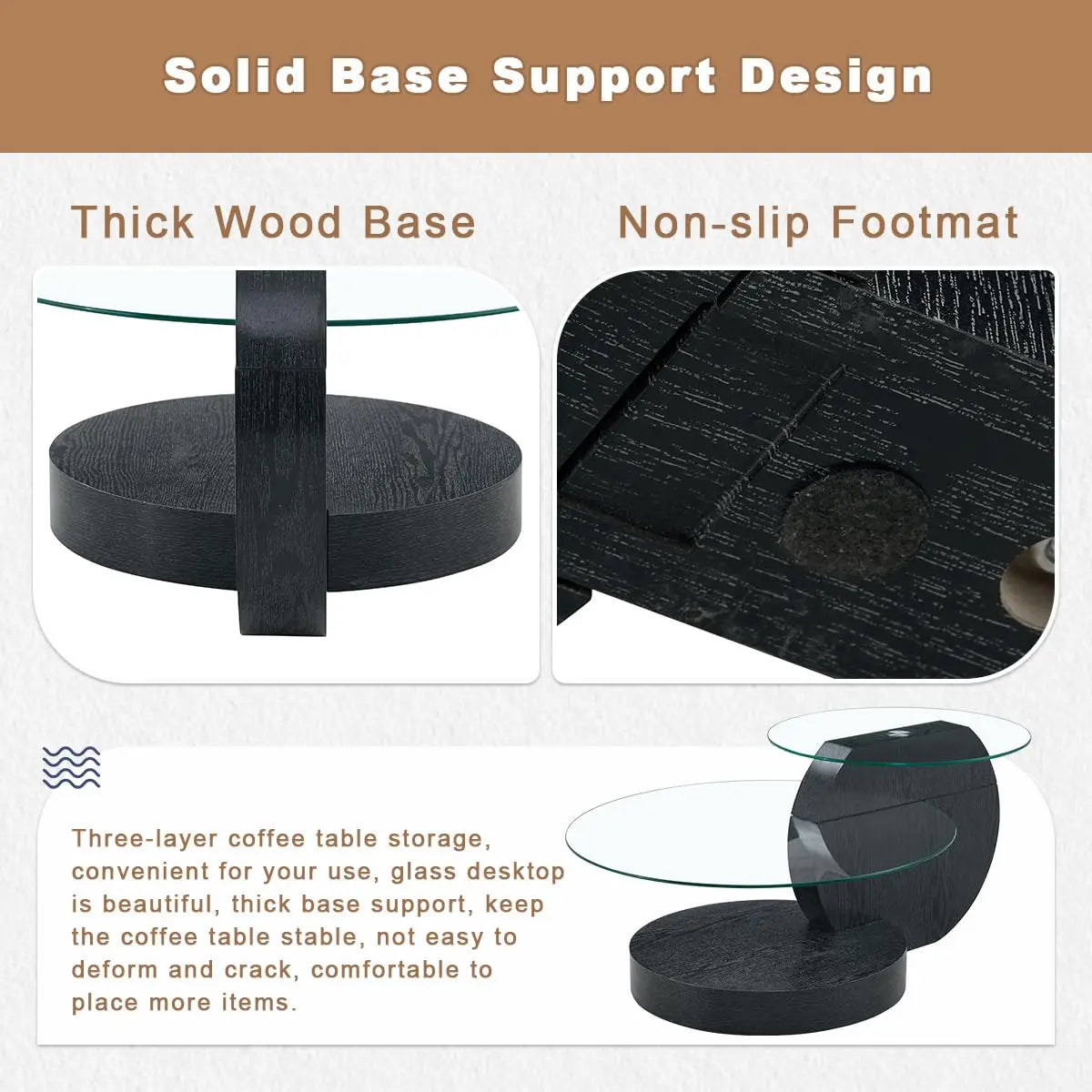 Tempered Glass Coffee Table With Three Tier Wood Base