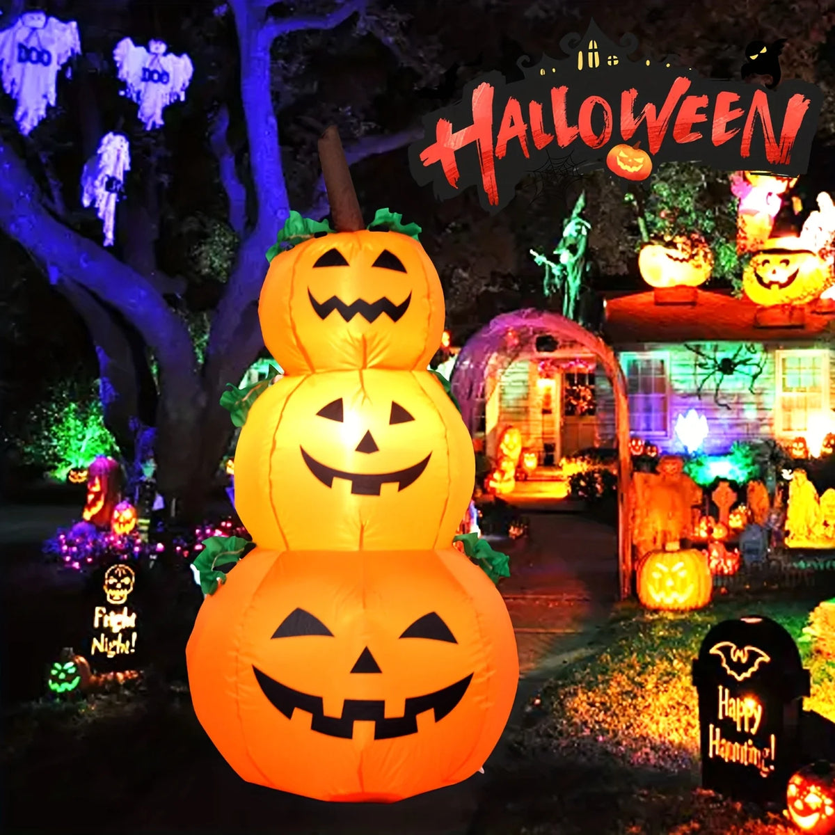 LED Halloween Inflatable Stacked Pumpkins With Built In Lights Decor