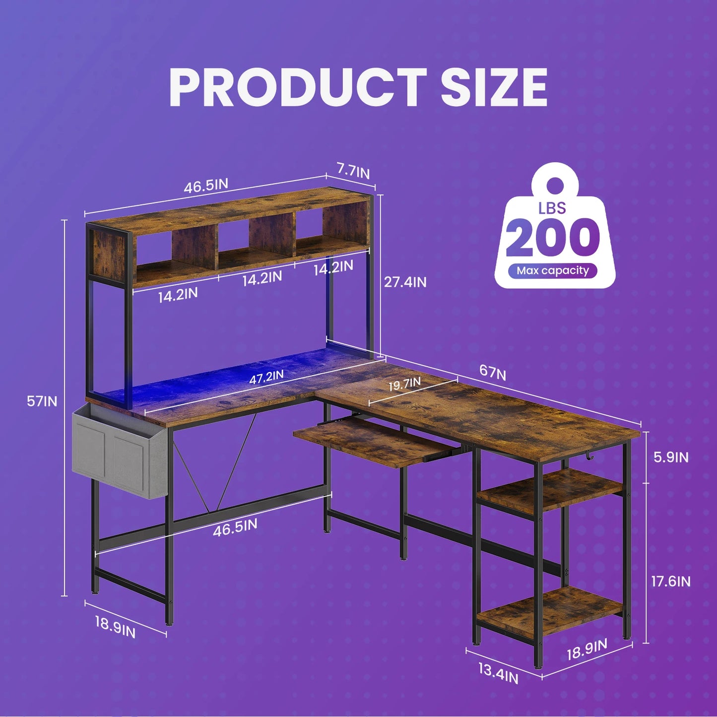 MCQ 67 Inch L Shaped Standing Office Desk With LED Lighting