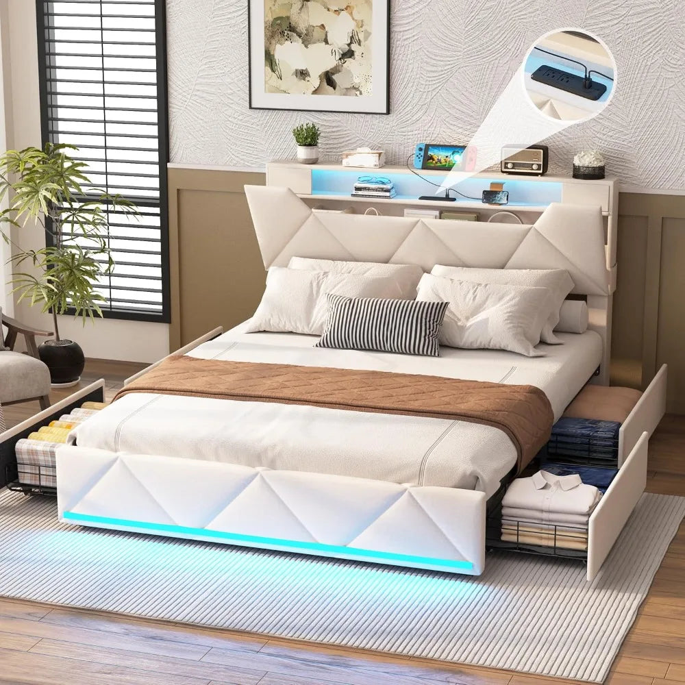 Bed Frame With Storage Drawers, Upholstered Headboard, Charging Station, LED
