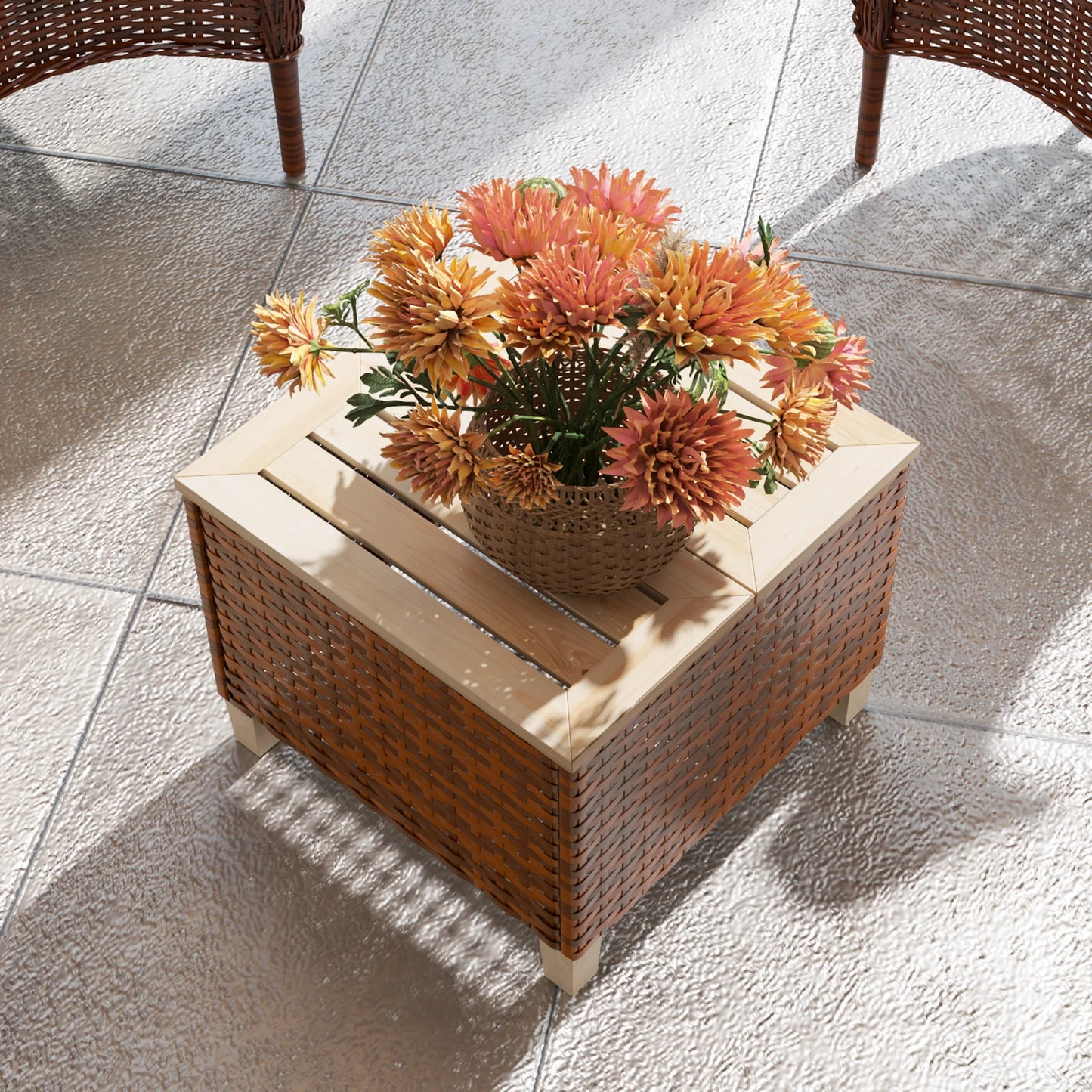 Outdoor Side Table With PE Rattan And Wood Top Patio