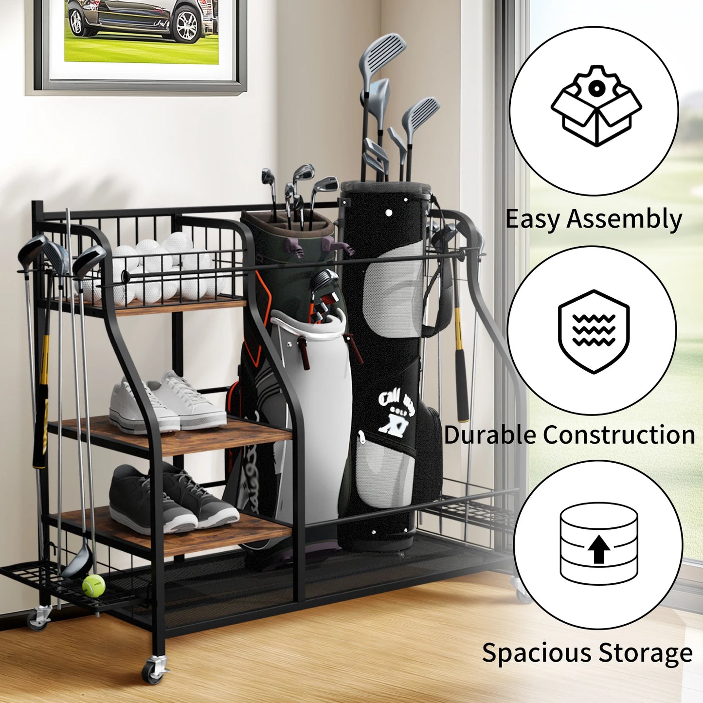 Durable Metal Rolling Golf Bag Storage Rack With Wheels