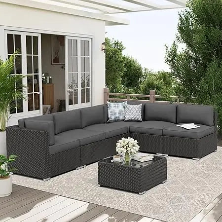 Outdoor 7 Piece Patio Sofa Set Glass Top Table Cushions