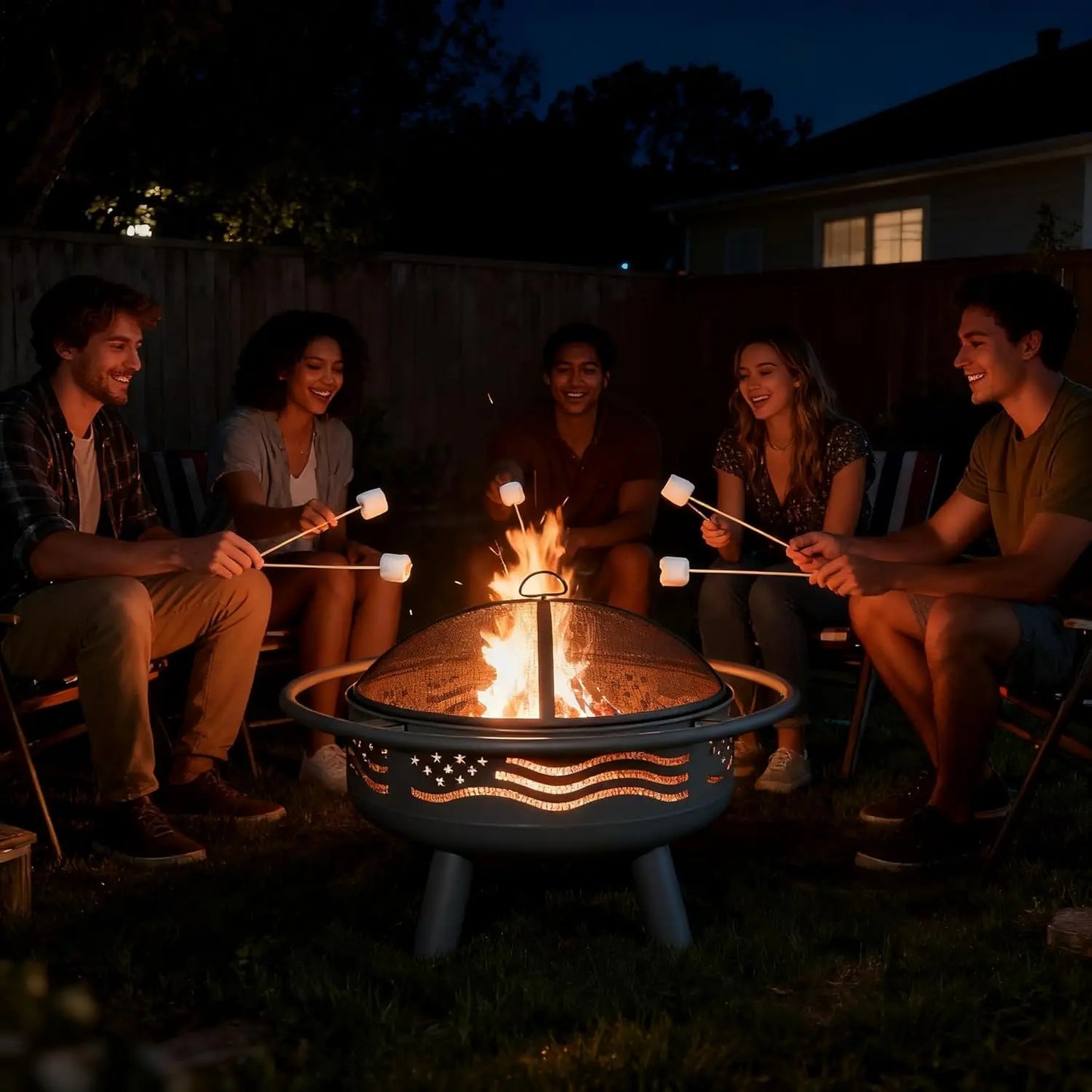 American Flag Fire Pit With Mesh Cover And Poker For Patio