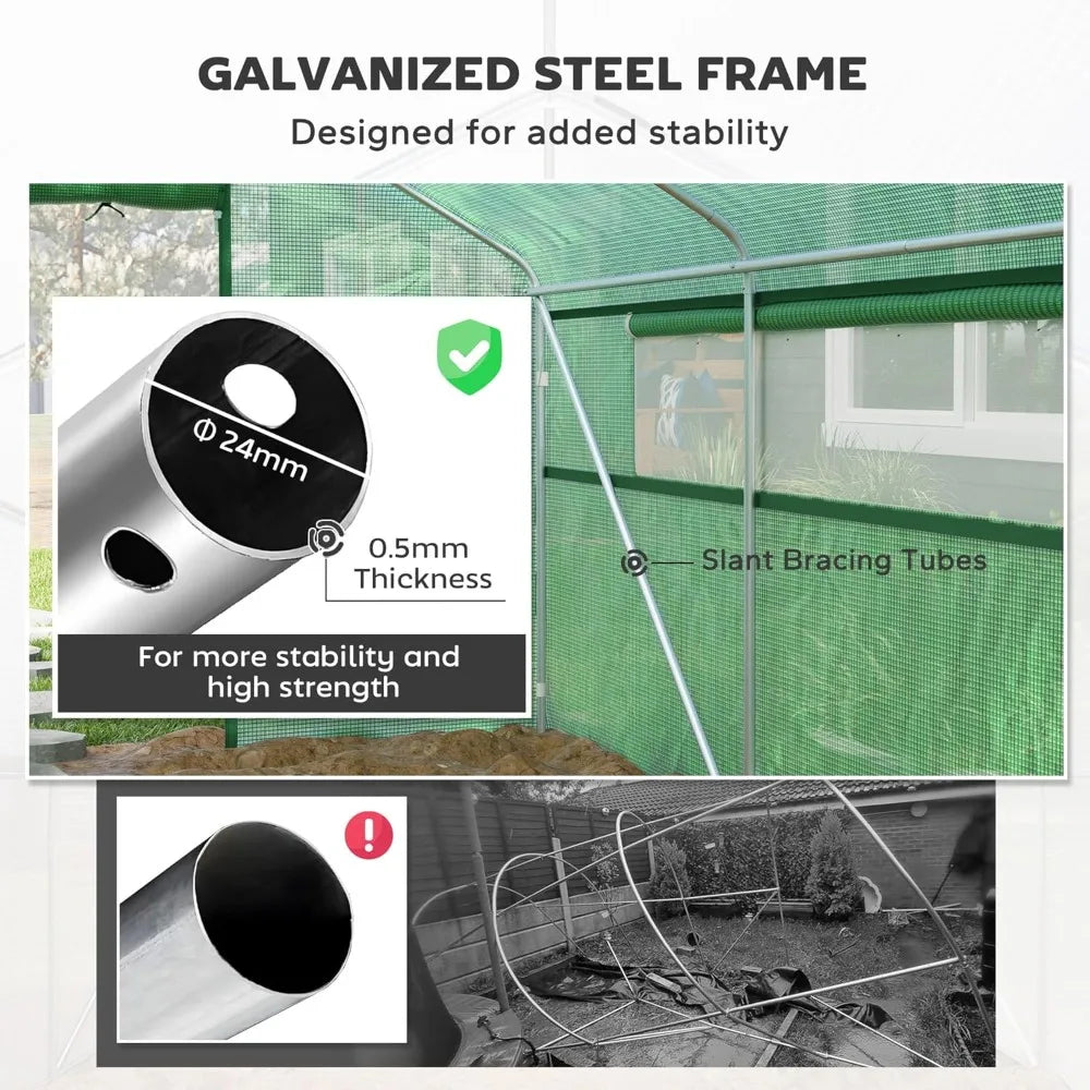 13' x 10' x 6.5' Hoop House Greenhouse with Large Windows and Zippered Door, Large Walk-in Tunnel Green House