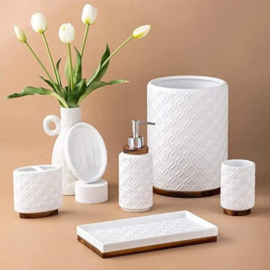 Elegant Ceramic And Wood Six Piece Bathroom Accessories Set