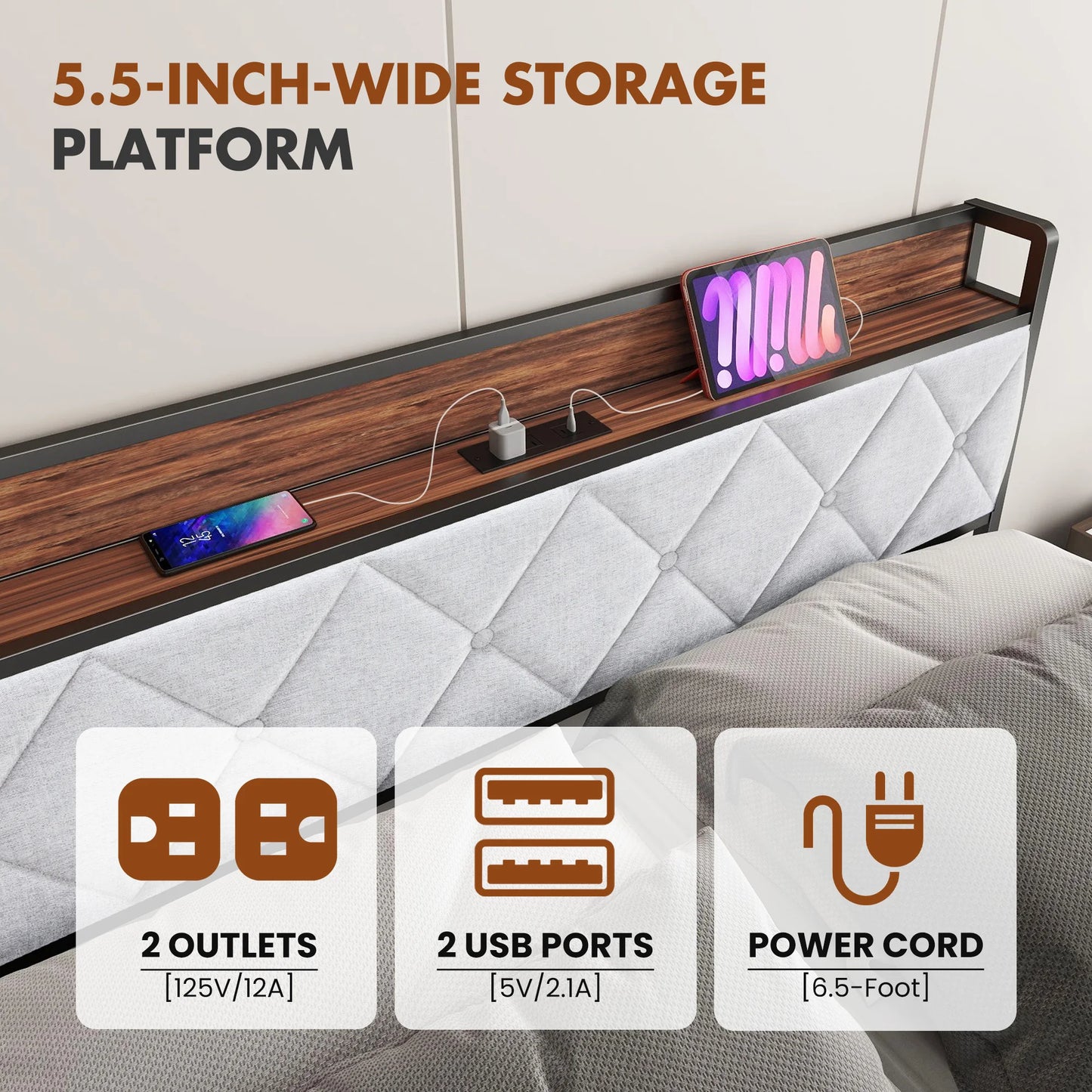 JHK Heavy Duty Metal Bed Frame With Charging Station