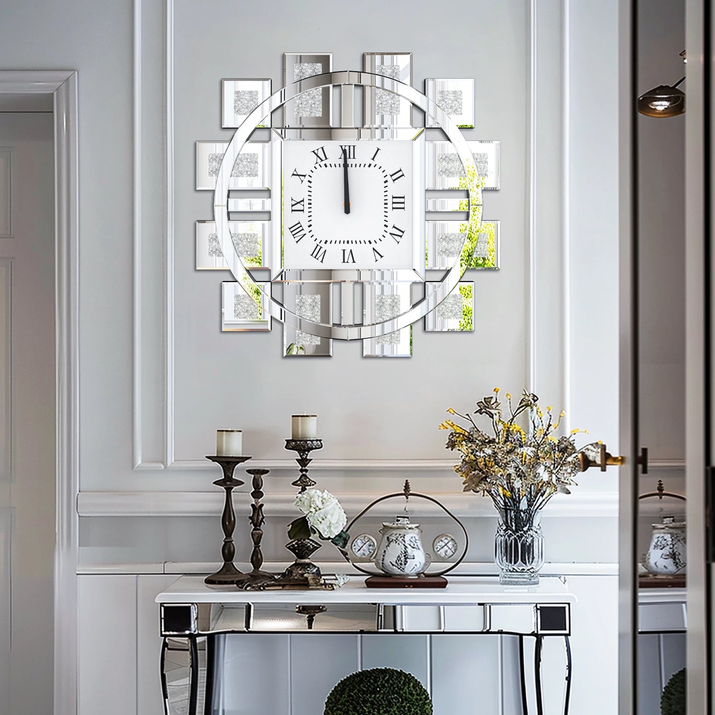 Irregular Diamond Mirrored Wall Clock With Roman Numerals Quartz