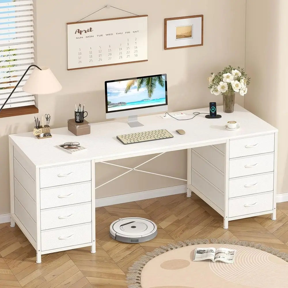 60 Inch Rectangular Computer Desk With 8 Fabric Drawers And Power Outlets