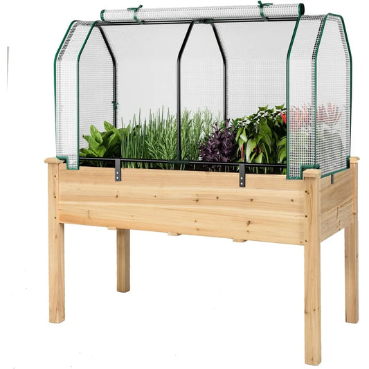 Raised Garden Bed with Greenhouse Cover, Elevated Wooden Planter Box, 48”L x 22”W x 30”H, Outdoor Gardening Planting