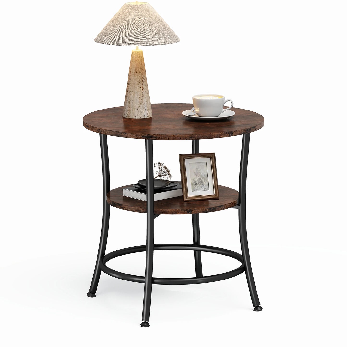JHK Round Coffee Table With Two Tier Storage Shelf Metal Frame