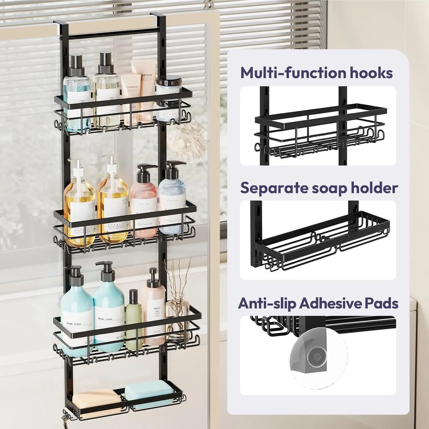 Over Door Shower Caddy With Adjustable Shelves Rustproof Aluminum