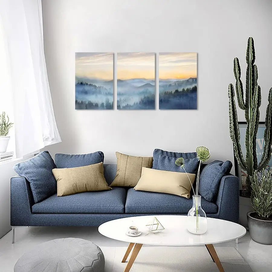 Sunrise Misty Forest Three Panel Wall Art Canvas Framed Decor
