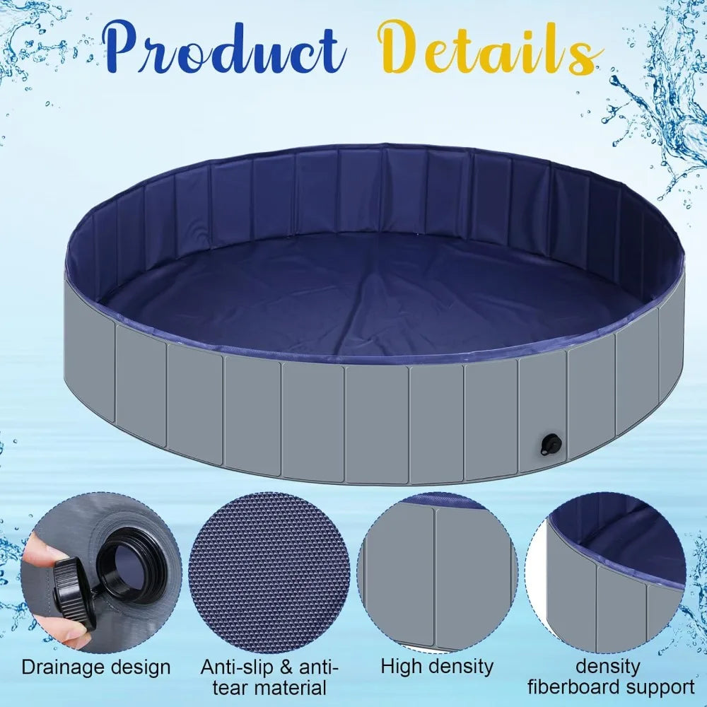 Foldable Dog Pool With Cover Portable Round Plastic Bath Tub