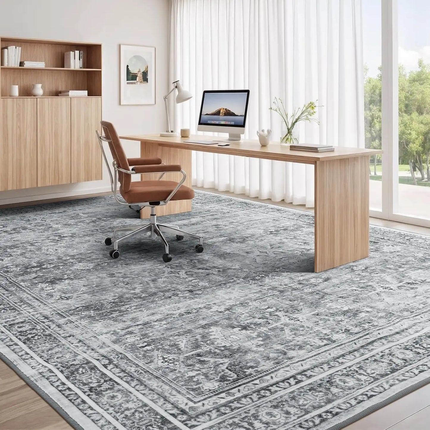 8x10 Washable Gray Floral Area Rug With Non Slip Backing