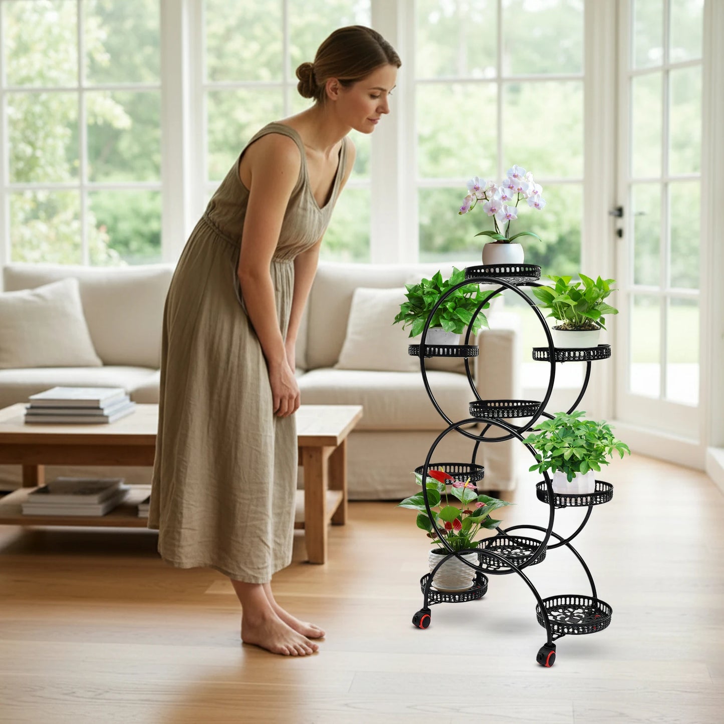 6-Tier 9-Pot Metal Plant Stand 148LBS Total Load 360° Universal Wheels Hollow Tray For Indoor Outdoor Patio Garden