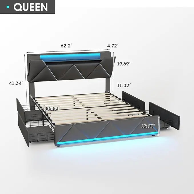 Bed Frame With Storage Drawers, Upholstered Headboard, Charging Station, LED