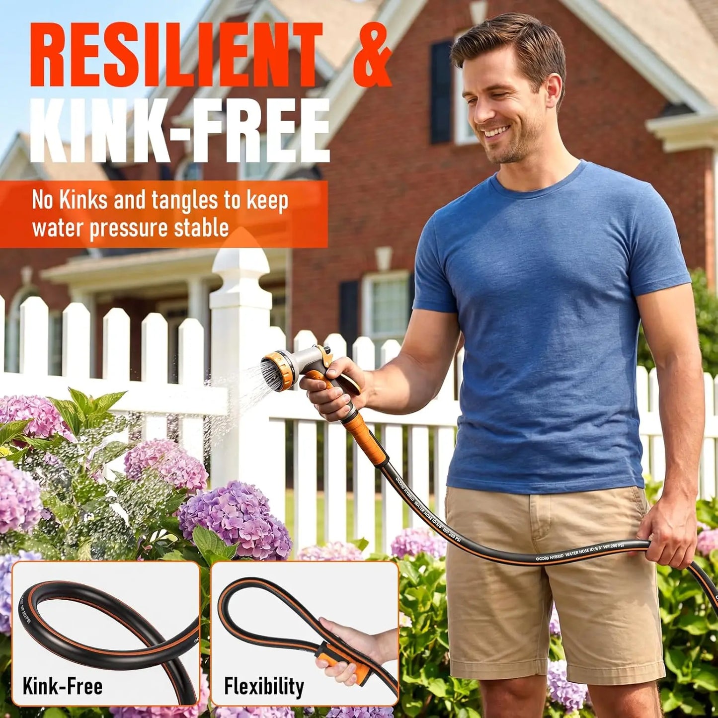 25 ft x 5/8" Heavy Duty Garden Hose, Flexible Durable Kink Resistant Lightweight Hybrid Leakproof with Fittings