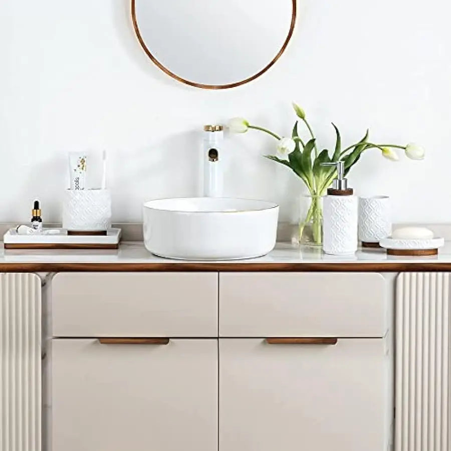 Elegant Ceramic And Wood Six Piece Bathroom Accessories Set