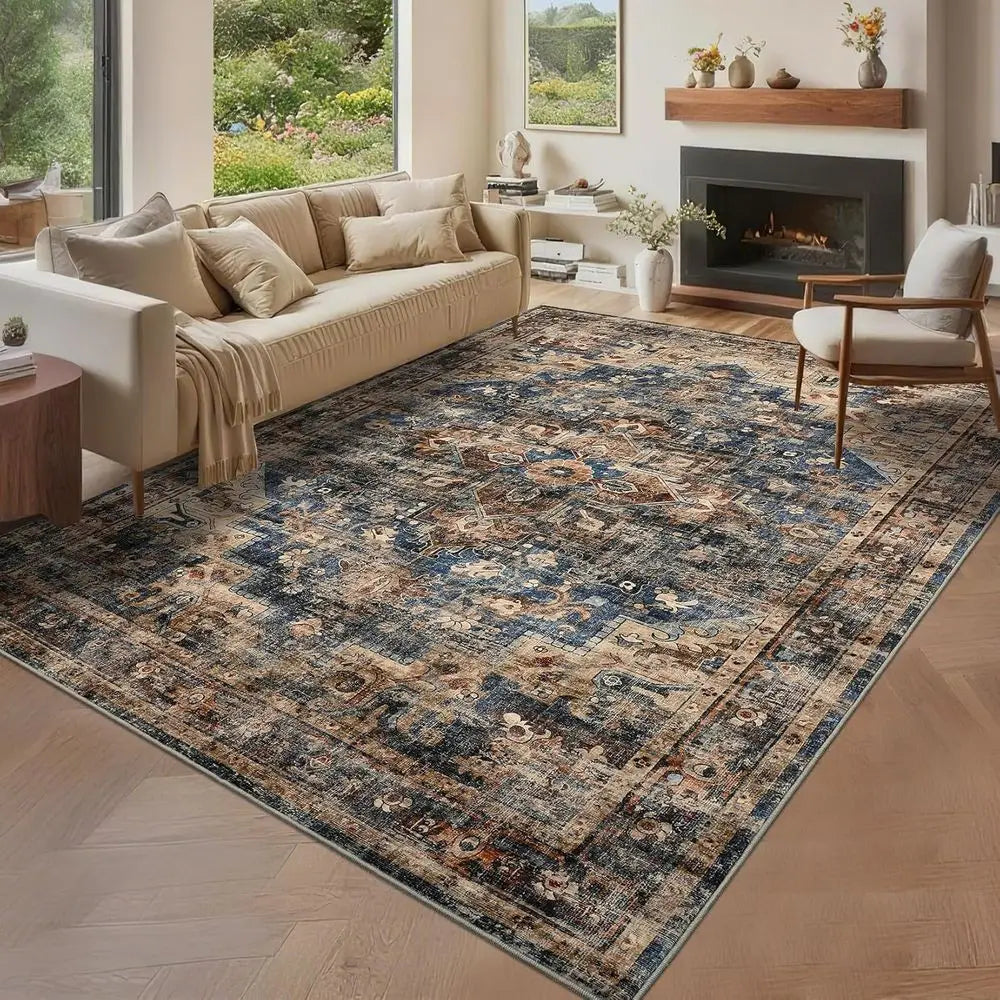 Vintage Living Room Area Rug: Machine Washable, Non-Slip, Stain Resistant Carpet for Indoor, Bedroom, Dining Room - Blue & Brown