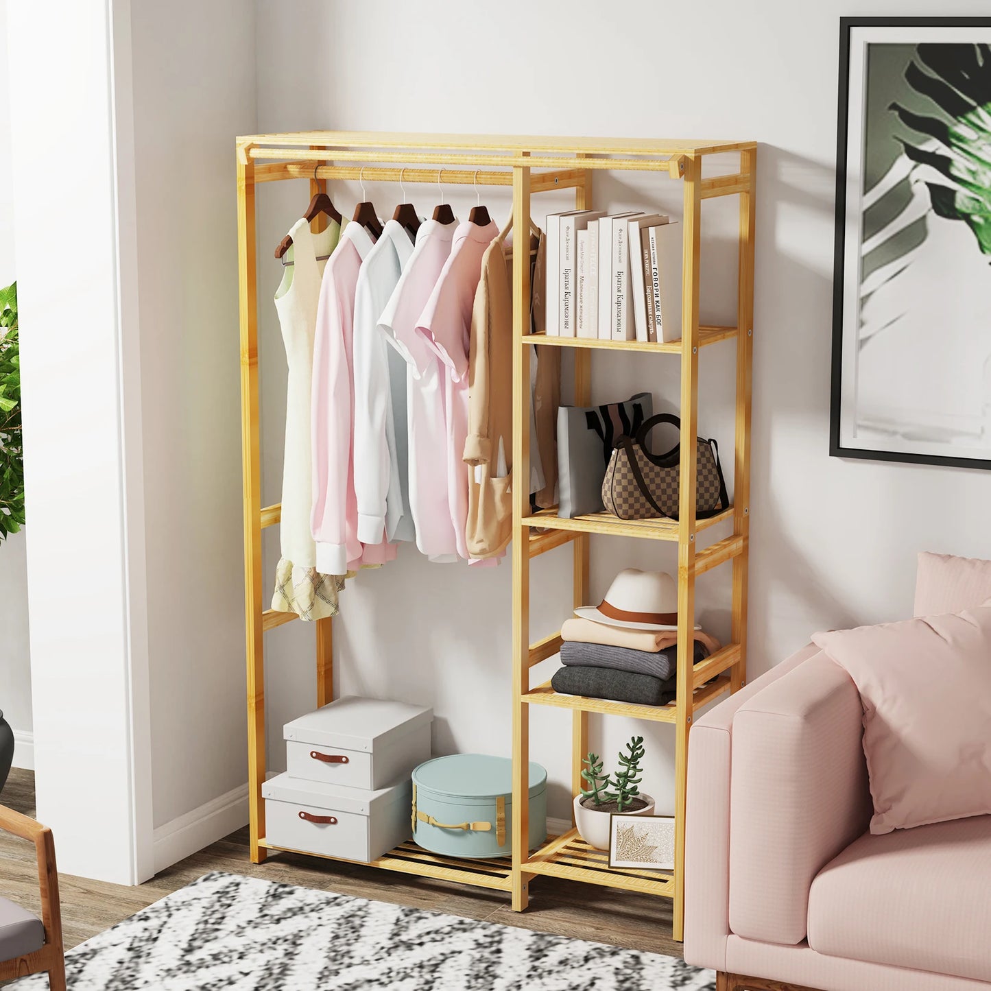 6-Tier Bamboo Garment Rack Open Wardrobe Stand With Hanging Cover