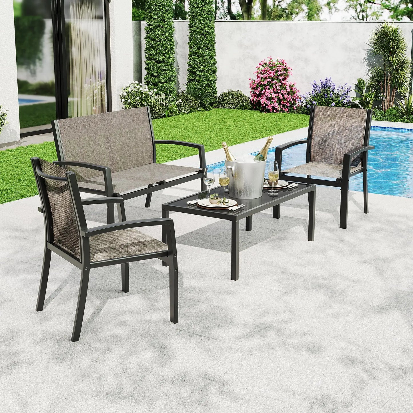 HobbyLane Modern 4 Piece Metal Patio Set With Mesh Seating