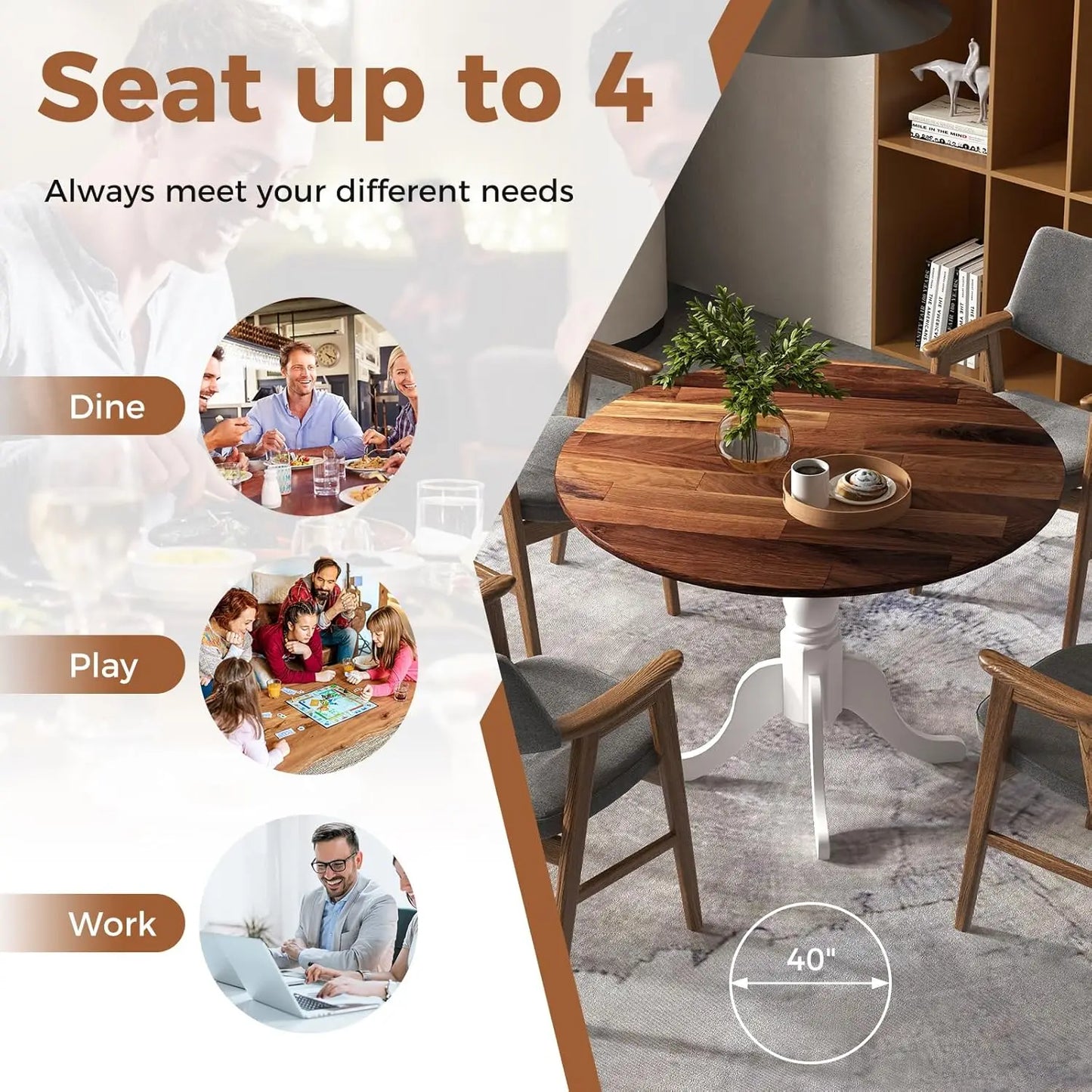Round Dining Table for 4, 40 Inch Farmhouse Round Kitchen Table with Heavy-Duty Rubber Wood Frame & Curved Trestle Legs