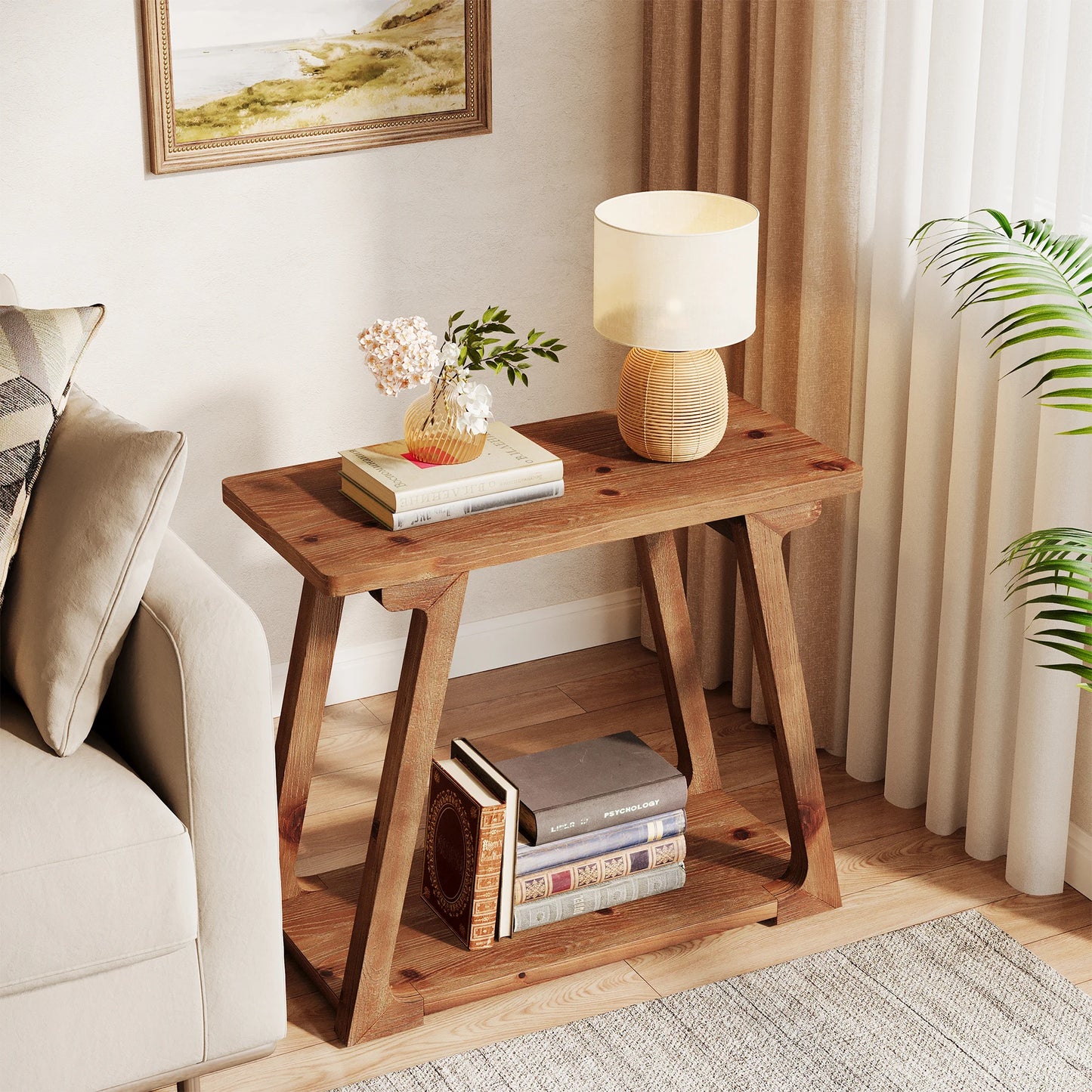 Tribesigns 2 Tier Solid Wood End Table Narrow Farmhouse Nightstand