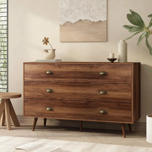 Walnut Brown Wood Dresser With Six Drawers For Bedroom
