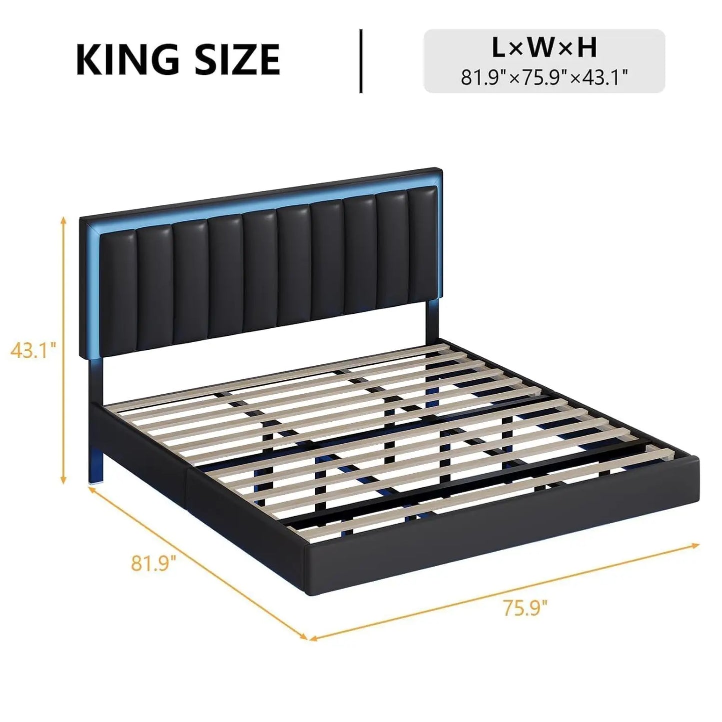 GUANGBAI Floating Bed Frame With LED Lights And Upholstered Headboard