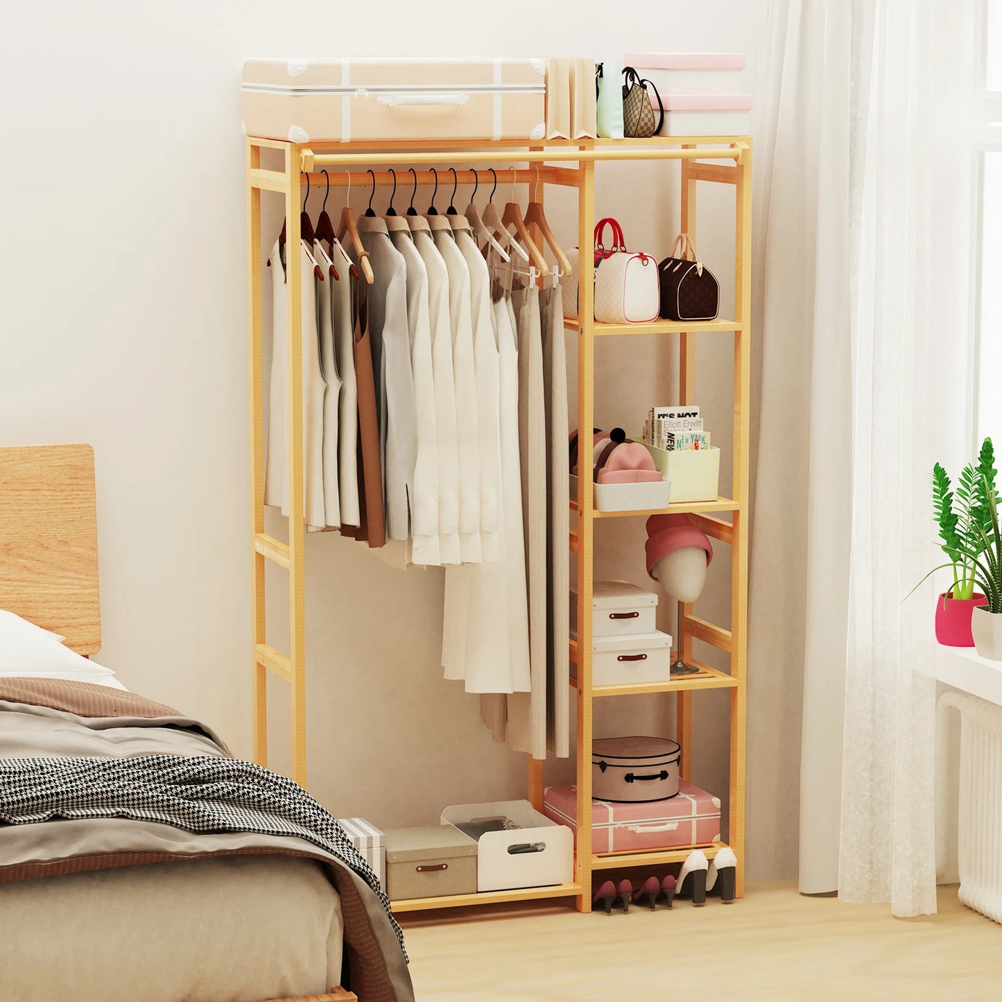 6-Tier Bamboo Garment Rack Open Wardrobe Stand With Hanging Cover