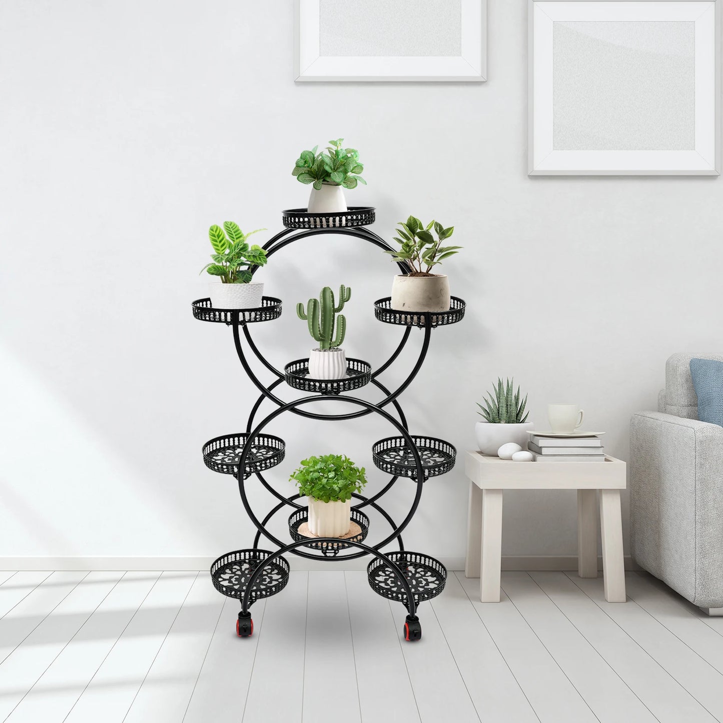 6-Tier 9-Pot Metal Plant Stand 148LBS Total Load 360° Universal Wheels Hollow Tray For Indoor Outdoor Patio Garden
