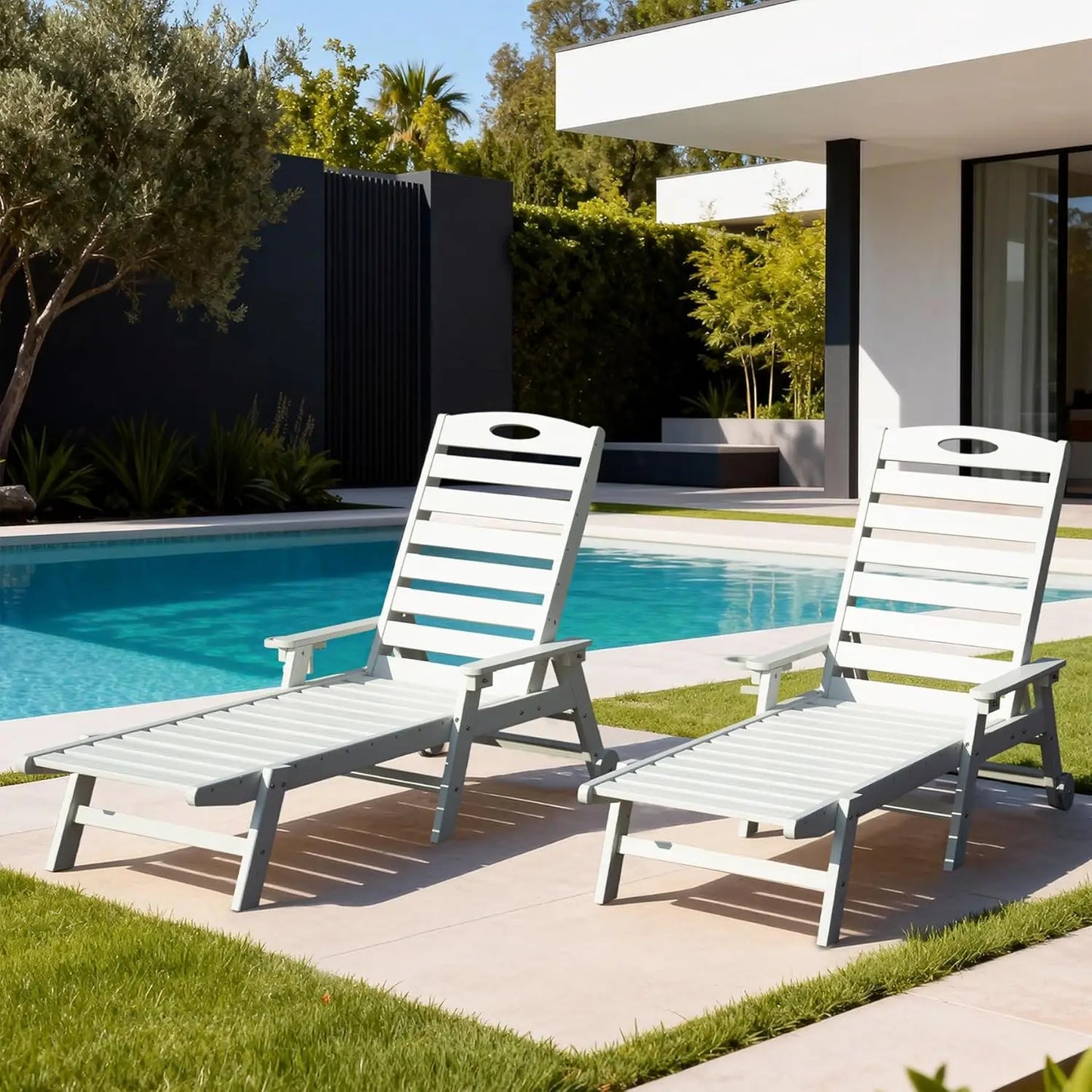 HDPE Outdoor Lounge Chairs Set of 2 Adjustable Pool Chaise