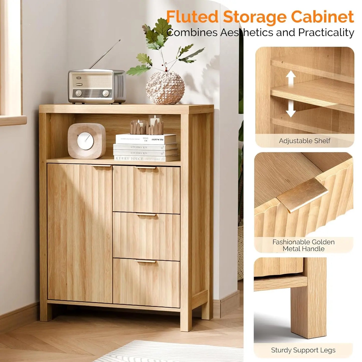 Fluted Bathroom Floor Storage Cabinet with Fluted Door 3 Drawers,Modern 12 Inch Deep Short Bathroom Storage Cabinet, Customized