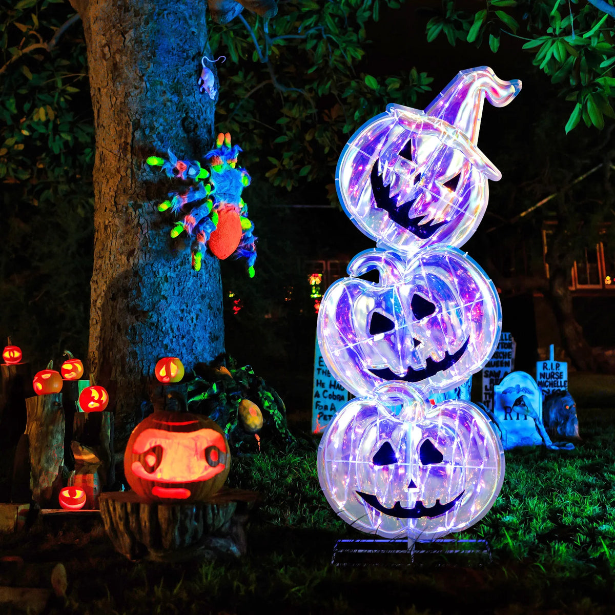 LIFEZEAL Light Up Stacked Pumpkin Halloween Yard Decorations