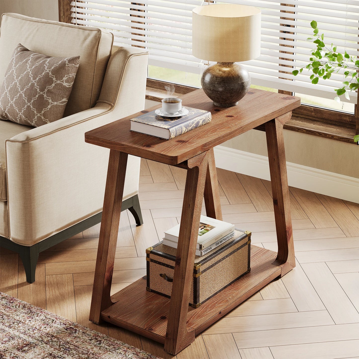 Tribesigns 2 Tier Solid Wood End Table Narrow Farmhouse Nightstand