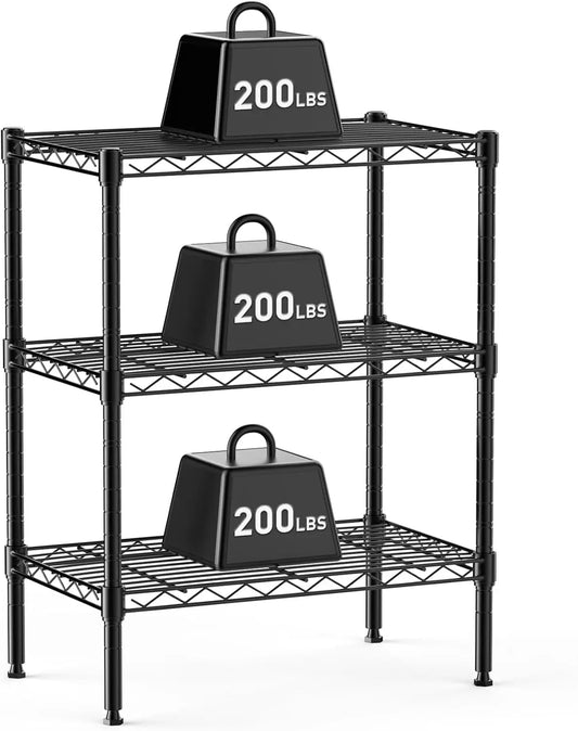3-Tier Adjustable Metal Wire Storage Shelf, Heavy Duty Steel Rack for Kitchen Bathroom Garage, 23.3"W x 13.4"D x 30"H Black