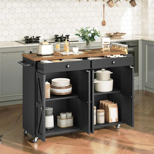 Kitchen Island with Power Outlet, 43.3 Rolling Island with Storage, Kitchen Cart with Spice Rack and Hooks