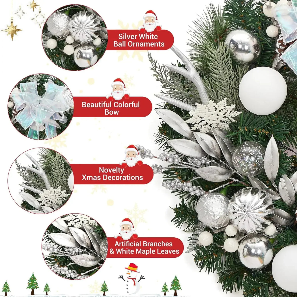 Garvee Lighted Christmas Garland With Timer And Decorative Ornaments