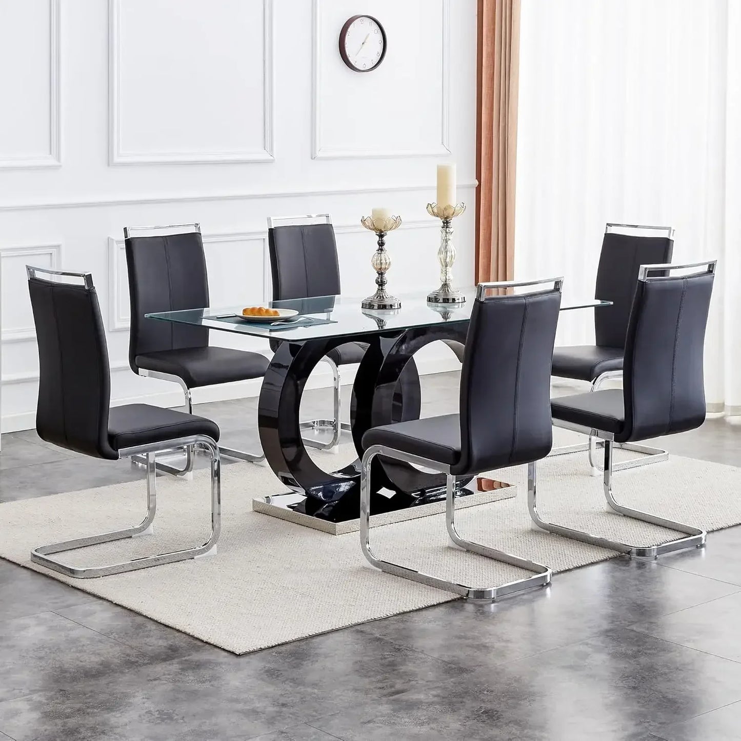 Glass Dining Table Set With Tempered Glass Top PU Chairs